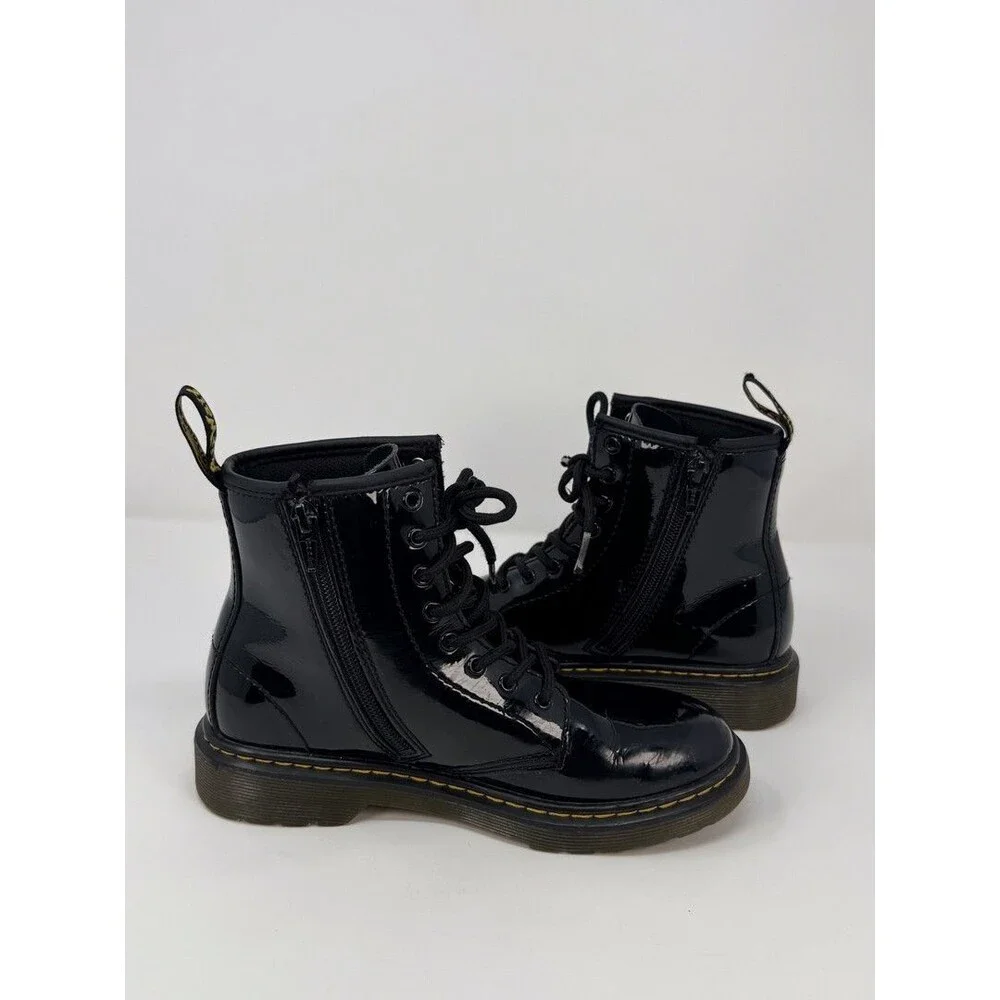 Dr Martens 1460 Juniors Combat Boots Black Patent Leather Lace Up Booties US 3